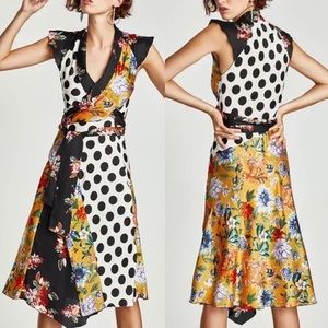 Zara Floral and Polka Dot Patchwork Dress, Size Large